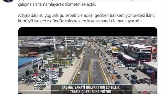 Büyükşehir Belediye Başkanı Mansur Yavaş, sosyal medya hesaplarından yaptığı paylaşımla 20 yıldır trafik çilesinin yaşandığı Şaşmaz Sanayi Bulvarı’nda Ümitköy-Batıkent istikametindeki birinci köprülü kavşağın tamamlanarak hizmete açıldığını  duyurdu.